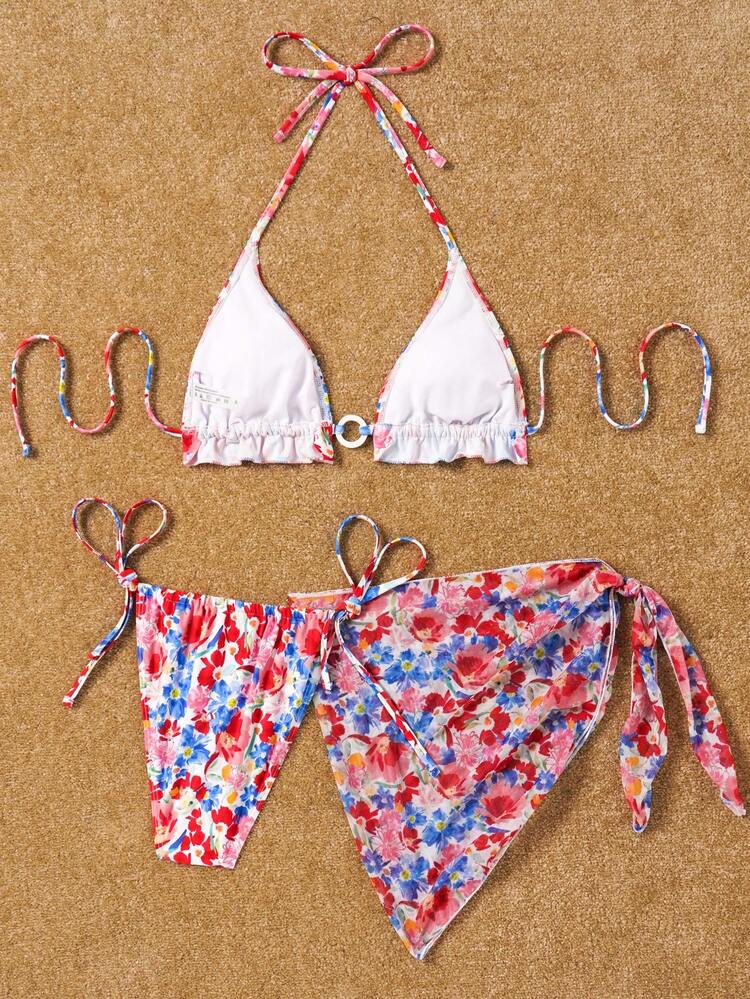 Women Round Ring Connected Halter Neck Ditsy Floral Bikini Set For Beach Vacation, Matching Cover-Up Summer