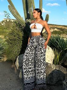 SHEIN SXY Halter Metal Ring Cutout Women Crop Top Summer Holiday Beach Casual Fairy Flowy Sexy Boho Birthday Bachelorette Party Women Outfit Rainbow Stripes