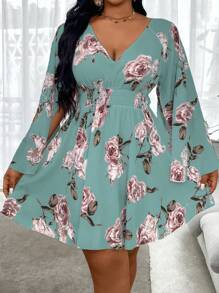 SHEIN Clasi Plus Size Women Floral Print V-Neck Long Sleeve Dress Fall Cloth For Women - Green - View 5