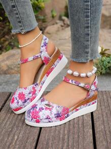 Phụ Nữ Plus Kích Thước Hoa Sáng Bóng Ren Họa Tiết Trang Trí Bít Mũi Trọng Lượng Nhẹ Dây Thanh Lịch Nêm & Đáy Dày Xăng Đan - Màu Hồng Tươi - Xem 2