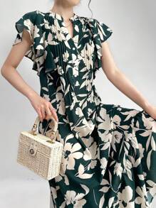 Mulvari Women's Floral Printed Notched Neckline Dress