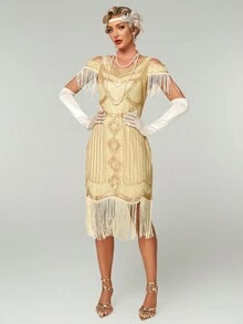 Elegant Off Shoulder Sequin Tassel 1920s Vintage Dress - Apricot - View 3