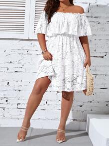 SHEIN Clasi Vestido de verano para mujer de talla grande con encaje, ribete de borlas y dobladillo con volantes, estilo de hombros descubiertos