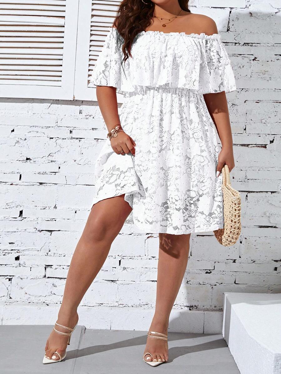 SHEIN Clasi Plus Size Women Summer Lace Ruffle Hem Off Shoulder Dress With Eyelash Trim - White - View 1