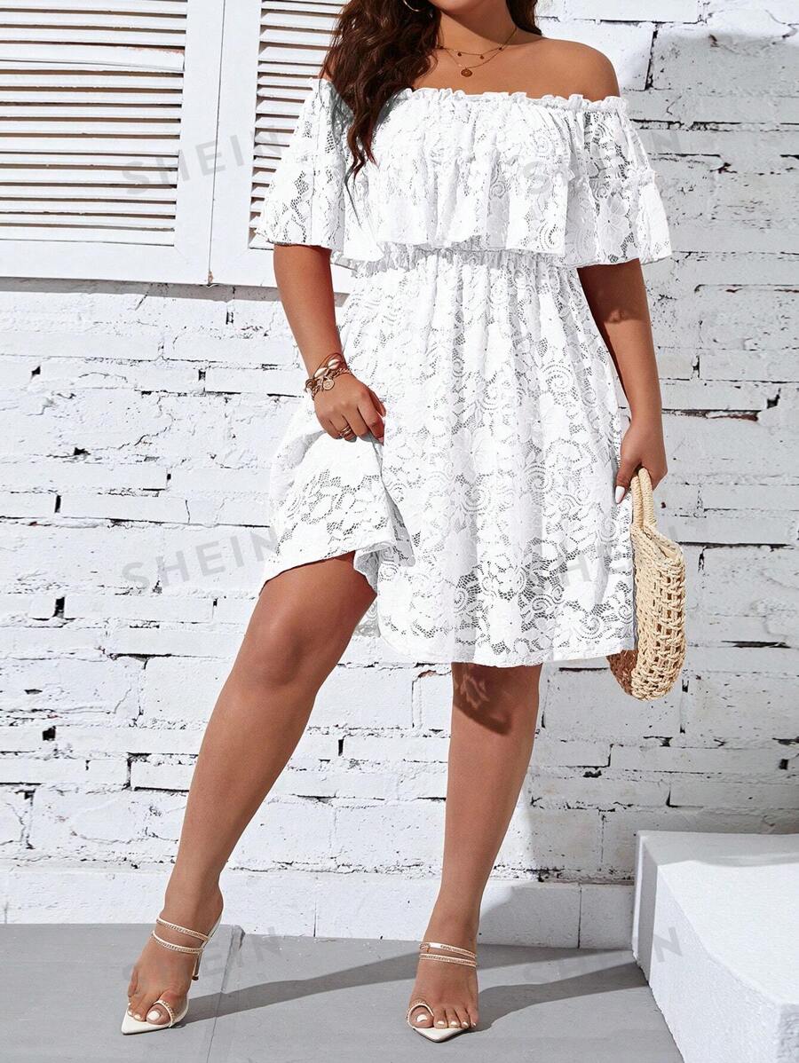 SHEIN Clasi Vestido de verano para mujer de talla grande con encaje, ribete de borlas y dobladillo con volantes, estilo de hombros descubiertos