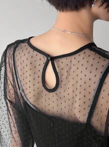 FRIFUL Women Round Neck Short Puff Sleeve Sheer Mesh Top And Black Long Cami Dress Set,Women Two Pieces Sets