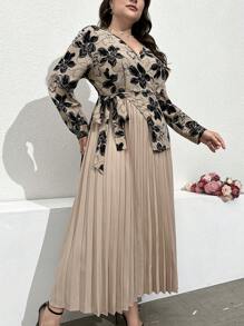 Modelyn Plus Size Women's Spring Summer Floral Printed Overlapping V-Neck Long Sleeved Ruffled Hem Dress Maxi Women Outfit Long Evening Dresses Fall Cloth For Women