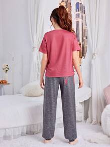 SHEIN 少女簡約蝴蝶結紋短袖和長褲針織舒適親膚家庭兩件套