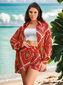 SHEIN SXY Conjunto de 3 piezas de camisa de gasa estampada con patrón de Vacaciones de Verano para Mujeres, juego de 2 piezas - Multicolor - Ver 5