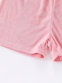 Tween Girls' Pink Simple Solid Color Short Sleeve Shirt And Shorts Two-Piece Set Casual Homewear - Pink - View 3