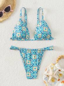 SHEIN Swim Women Summer Beach Floral Print Bandeau Fashion Bikini Set, Random Print - Multicolor - View 4