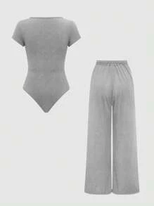 Olithes Solid Color Short Sleeve Bodysuit And Wide Leg Pants Spring/Summer Two Pieces Set - Grey - View 2