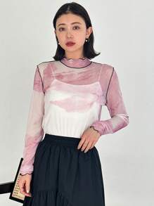 FRIFUL Nhuộm buộc In Đứng cổ áo Contrast Piping Ren Mộc nhĩ mỏng Áo - Hồng - Xem 3