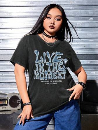 Grunge Punk T-shirt Estival Décontracté De Grande Taille Avec Imprimé Lettre Et Effet Effiloché