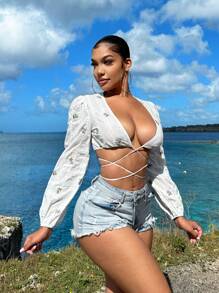 SHEIN SXY Blusas blancas de mujer, ropa de mujer para vacaciones en la playa - Blanco - Ver 4