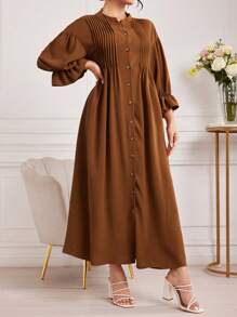 Mulvari 女士纯色宽松休闲连衣裙，带褶皱、落肩、灯笼袖和纽扣设计，超长女士服装 - 棕色 - 查看 6