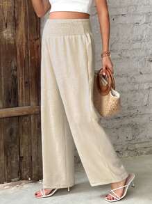 SHEIN Maternity Solid Color Drawstring Wide Leg Loose Casual Straight Pants - Apricot - View 3
