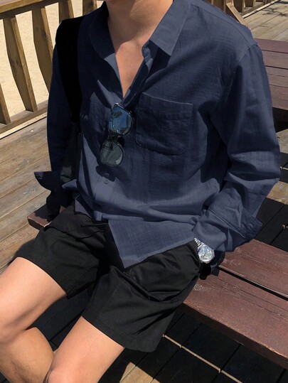 DAZY Men Solid Pocket Patched Shirt Long Sleeve Men Shirt, For Fall