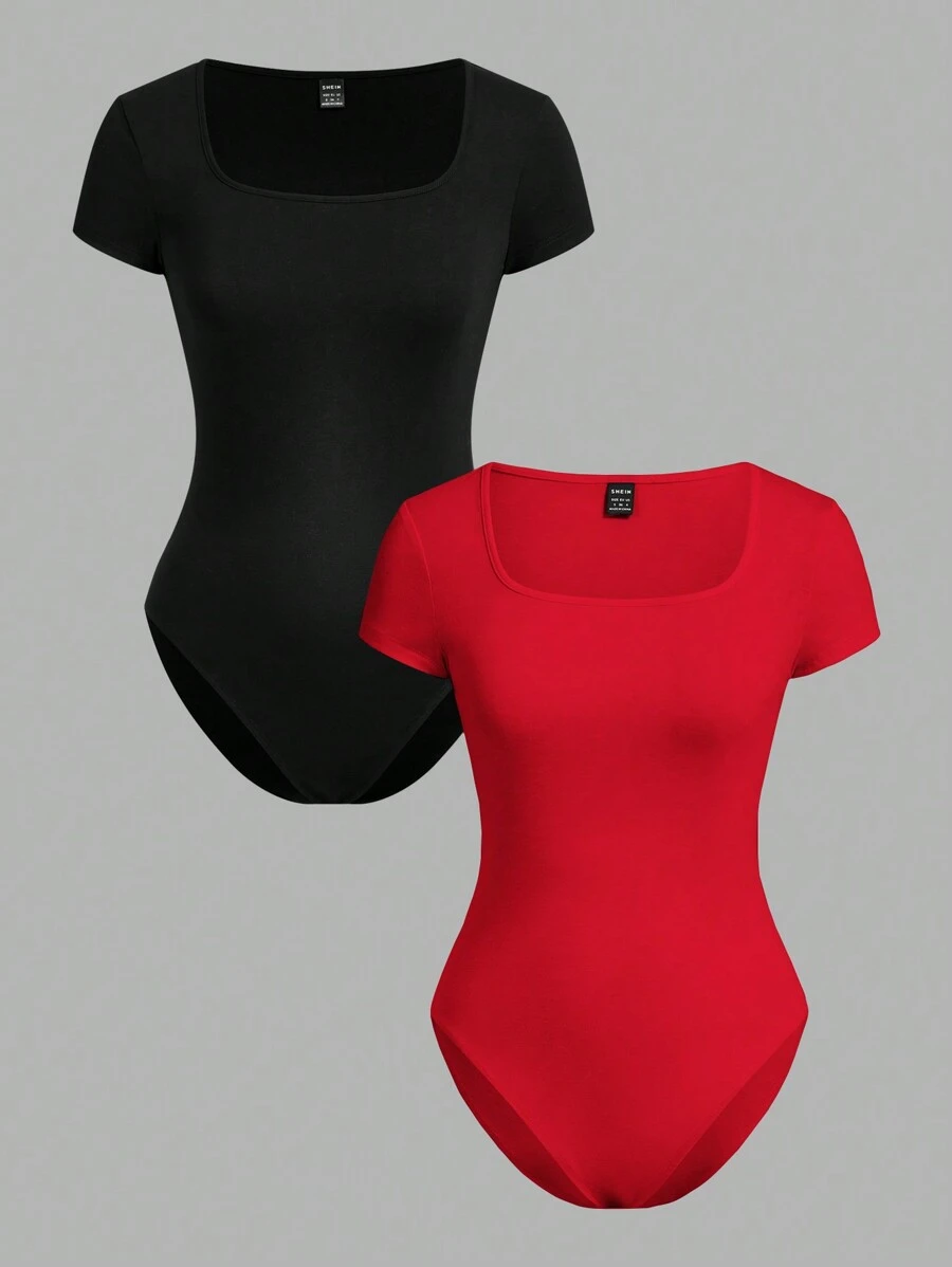 SHEIN EZwear 2 Cái/bộ Bộ đồ liền thân ngắn tay cổ vuông gợi cảm dành cho nữ, mùa hè - Nhiều màu - Xem 1