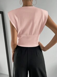 SHEIN Essnce 休閒重疊V領帽袖女夏季T恤衫 - 藕粉色 - 查看 2