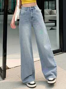 DAZY 女士高腰阔腿牛仔裤，带口袋，水洗效果 - 淺色水洗藍 - 查看 6