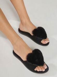 SHUZIA Dép đế bệt có cổ trang trí hình trái tim dành cho nữ, thích hợp để mặc hàng ngày - màu đen - Xem 6