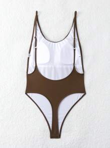 Swim SXY Bãi biển mùa hè màu trơn cho nữ áo tắm một mảnh hở lưng có dây đeo spaghetti - Cà phê nâu - Xem 3