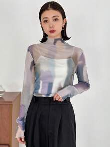 FRIFUL Của phụ nữ Mùa xuân/Mùa hè Buộc Nhuộm Lưới Áo Với giá đỡ Vòng cổ Và Tay áo dài - Bụi tím - Xem 3