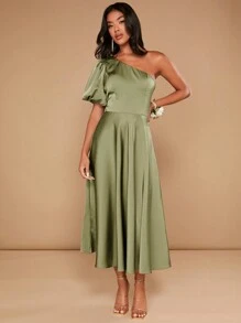 SHEIN Belle Ladies" Elegant One Shoulder Long Bubble Sleeves Solid Color Bridesmaid Dress - Mint Green - View 1