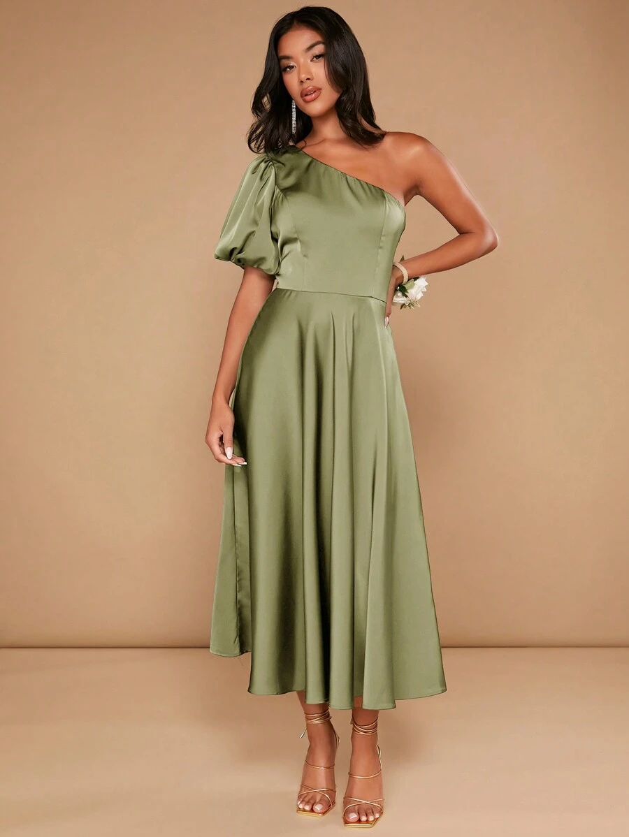 SHEIN Belle Ladies" Elegant One Shoulder Long Bubble Sleeves Solid Color Bridesmaid Dress - Mint Green - View 1