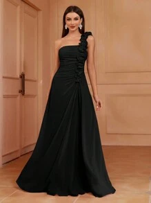 SHEIN Belle 不对称领口荷叶边 A 字型无袖伴娘礼服（成人）女士正式舞会礼服，黑色优雅舞会晚会婚礼宾客礼服，适合毕业典礼、晚宴派对礼服 - 黑色 - 查看 1