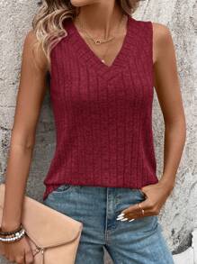 SHEIN LUNE Women Solid Color Rib-Knit V-Neck Tank Top