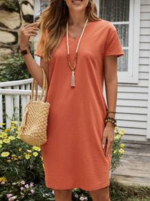 EMERY ROSE Summer Linen Comfortable Dress With Diagonal Pocket And Short Sleeves - Orange - View 5