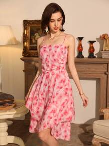 Aveloria Rosie Random Printed Ruffled Straps Asymmetrical Hem Swing Dress With Shirred Waist