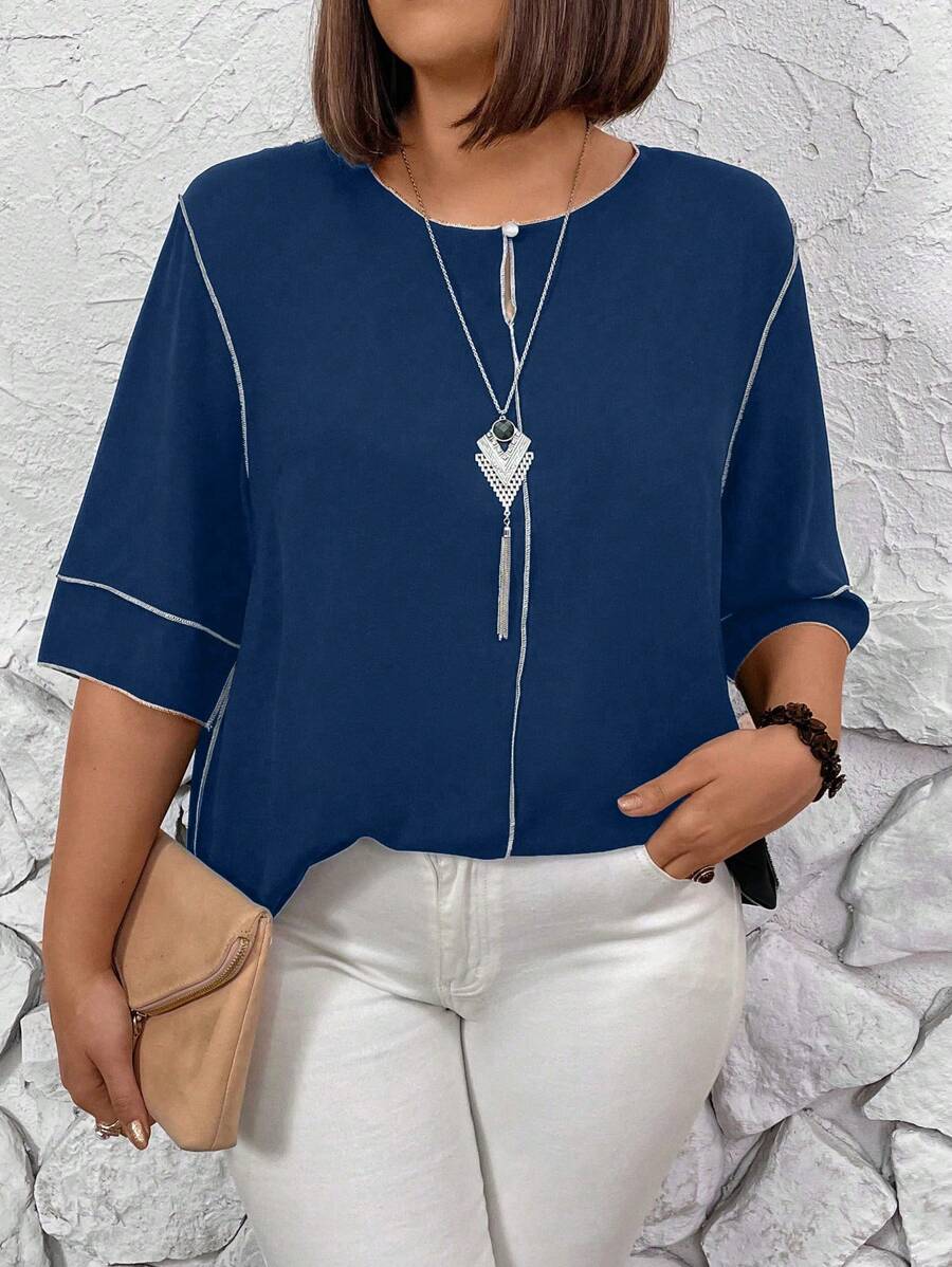 SHEIN LUNE 大尺碼女士夏季圓領半袖寬鬆上衣，帶有裝飾性縫合 - 水鴨藍 - 查看 1