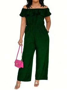 SHEIN Clasi Plus Size Women Summer Solid Color Ruffle Edge Jumpsuit With Off Shoulder, Pockets, And Wide Legs - Green - View 3