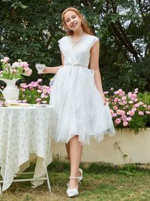 Vestido corto elegante para adolescente con encaje y malla en contraste - Blanco - Ver 3