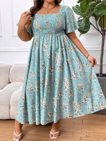 SHEIN CURVE+ Vestido largo de talla grande con cintura imperio y estampado floral, para el verano