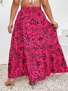 SHEIN Franclia 大尺碼抽象印花度假休閒裙，具有彈性腰帶和褶邊擺。 - 紅色 - 查看 2