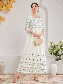 Seusyu Geometric Print Loose Casual Long Dress - Apricot - View 7