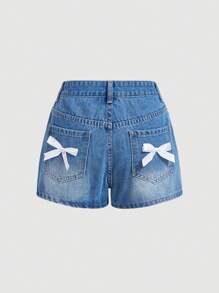 SHEIN MOD Women's Casual Denim Shorts With Bow Decoration - Light Wash - View 1