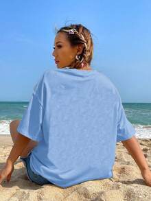SHEIN EZwear Camiseta informal para mujer con cuello redondo, manga corta y estampado de tiburón en tamaño grande, perfecta para el verano - Celeste - Ver 2
