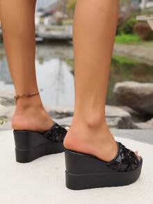 女士鞋 2024 夏季新款坡跟厚底露趾时尚亮片系带凉鞋 - 黑色 - 查看 2