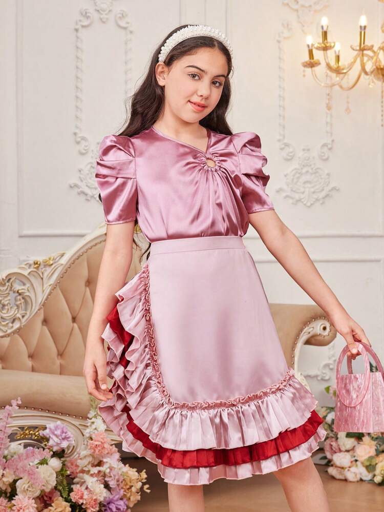 Tween Girl Matching Cute Elegant Short Puff Sleeves Top And Colorblocked Ruffle Hem Skirt Set