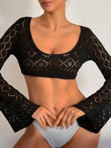 SHEIN Swim 女款度假風挖肩圓領長袖鏤空短版罩衫上衣 夏季 - 黑色 - 查看 4