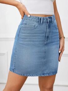 SHEIN Tall High-Waisted Denim Skirt With Belt, Pockets And Buttons