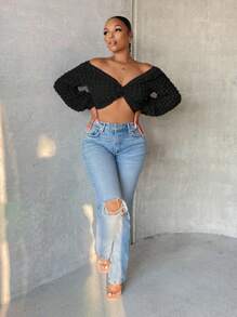 SHEIN SXY Women Solid Color Twist Knot Casual Spring/Summer Top - Black - View 5