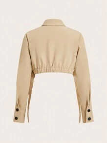 SHEIN Unity Women's Fashionable Hollow Out Long Sleeve Lapel Jacket Fall Cloth For Women - Khaki - View 2