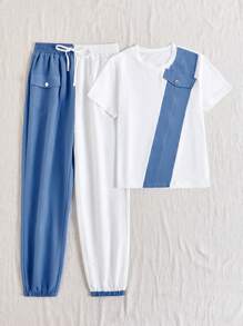 SHEIN LUNE Women Spring/Summer Casual Color Block Short Sleeve Top & Cargo Pants Two-Piece Set - Blue and White - View 5