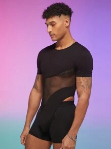 FeverCity Men Sheer Mesh Splicing Hollow Out Fashion Jumpsuit & Suspender Pants - Black - View 4